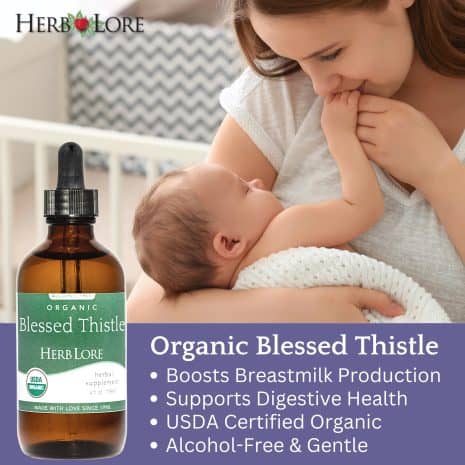 3 Mother breastfeeding baby beside bottle of Organic Blessed Thistle by Herb Lore with product highlights