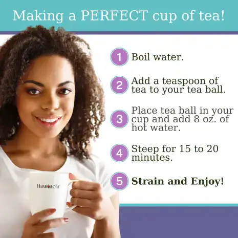 4 Step-by-step visual guide for making a cup of Pre-Conception Tea with woman smiling and holding a white Herb Lore mug