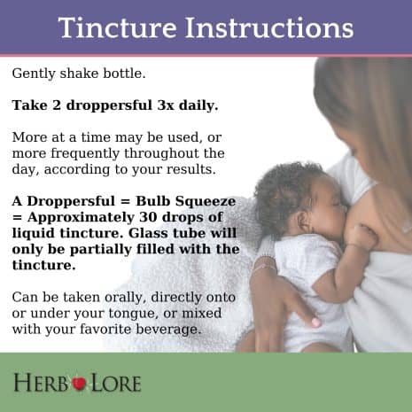 4 Instructions graphic showing dosage details for Goat’s Rue Tincture with a mother nursing her baby in the background