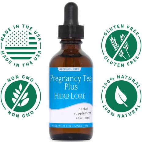 4 Herb Lore Pregnancy Tea Plus tincture bottle surrounded by icons for made in the USA, gluten free, non-GMO, and 100% natural