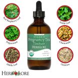 Bottle of Pregnancy Tea Tincture centered between labeled images of the six key herbs: red raspberry leaf, peppermint, alfalfa, nettle, chamomile, and oatstraw.