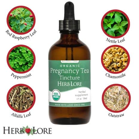 4 Bottle of Pregnancy Tea Tincture centered between labeled images of the six key herbs: red raspberry leaf, peppermint, alfalfa, nettle, chamomile, and oatstraw.