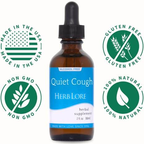4 Quiet Cough Tincture bottle surrounded by Made in USA, Gluten Free, Non-GMO, and 100% Natural certification icons