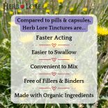 Benefits of Herb Lore tinctures shown over a blessed thistle field, including faster acting, easy to swallow, and made with organic ingredients