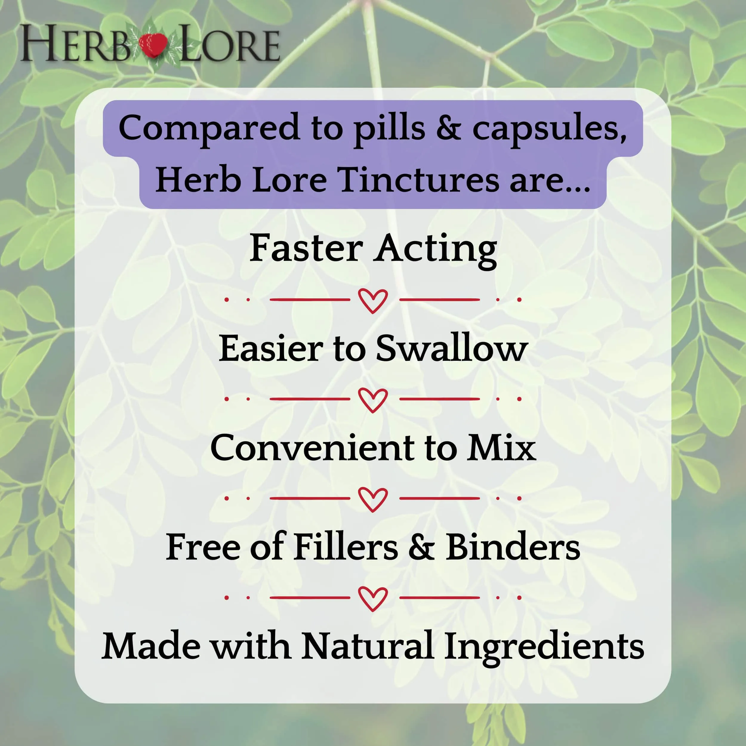Herb Lore tincture comparison graphic highlighting benefits like faster acting, easier to swallow, and made with natural ingredients