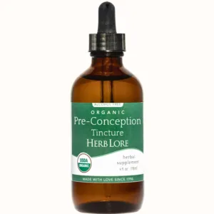 4 oz amber bottle of Herb Lore Organic Pre-Conception Tincture with green and white label and dropper top