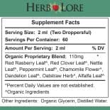 Supplement facts label for Herb Lore Organic Pre-Conception Tincture showing serving size, ingredients, and daily usage directions
