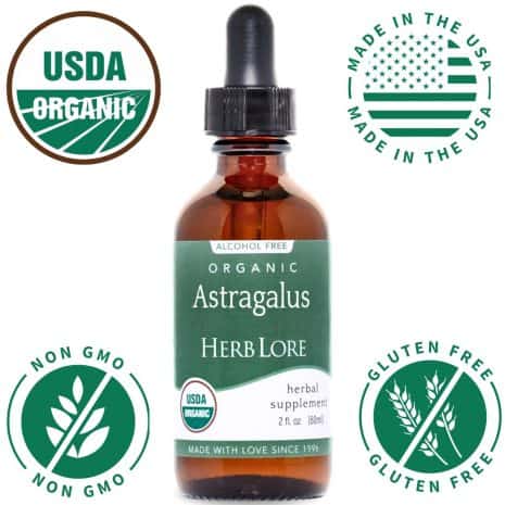 5 Herb Lore Astragalus Tincture bottle surrounded by icons for USDA Organic, Made in the USA, Non-GMO, and Gluten Free