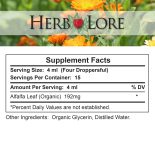Label showing supplement facts for 4ml serving size of Organic Alfalfa Tincture with 192mg of alfalfa leaf