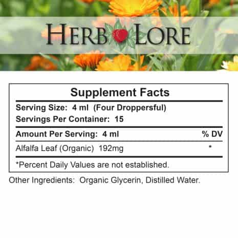 5 Label showing supplement facts for 4ml serving size of Organic Alfalfa Tincture with 192mg of alfalfa leaf