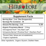 Supplement Facts label for Herb Lore Adrenal Tonic 2oz – shows serving size, 210mg proprietary blend with Ashwagandha, Holy Basil, Schisandra, Rhodiola, and Eleuthero