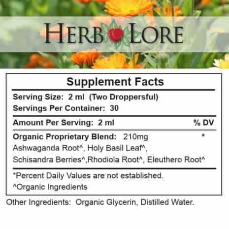 5 Supplement Facts label for Herb Lore Adrenal Tonic 2oz – shows serving size, 210mg proprietary blend with Ashwagandha, Holy Basil, Schisandra, Rhodiola, and Eleuthero