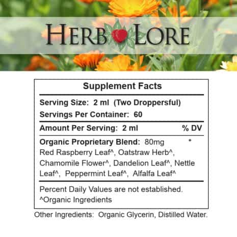 5 Supplement Facts label showing serving size, servings per container, and list of organic herbs in the proprietary blend, including red raspberry leaf and oatstraw.