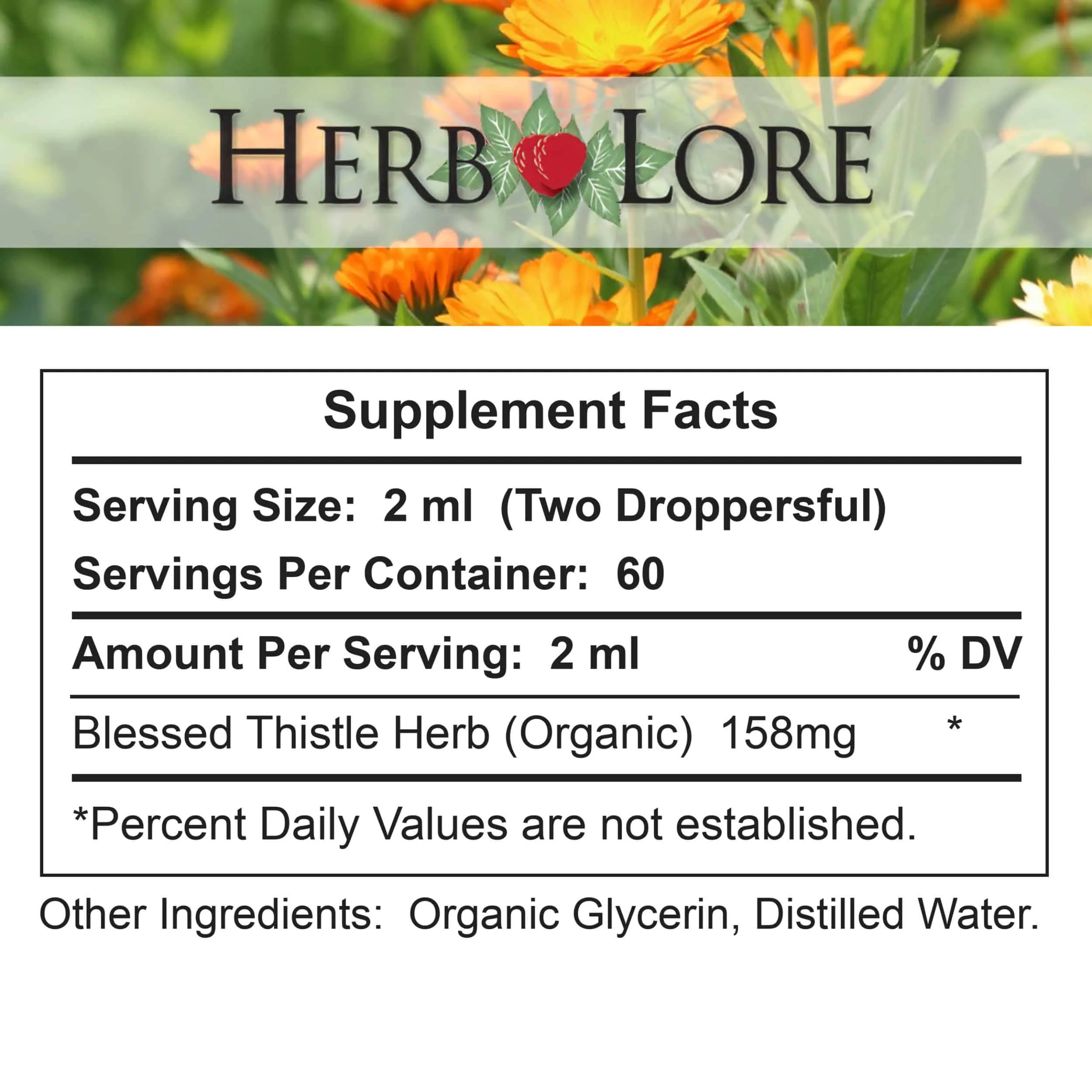Supplement facts for Blessed Thistle tincture showing 158mg per serving and organic glycerin as other ingredient