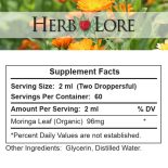 Supplement facts label for Herb Lore Organic Moringa Tincture showing 96mg per serving