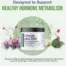 Chrysin Plus DIM jar centered among passionflowers, broccoli, and molecular structures with a text overlay stating the product supports healthy hormone metabolism in men and women.