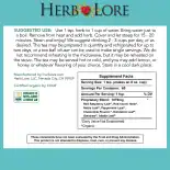 Herb Lore Pre-Conception Tea supplement facts panel and brewing instructions with USDA Organic and Non-GMO certification badge