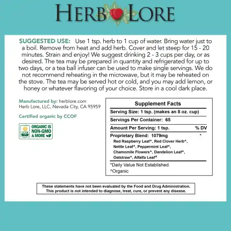 6 Herb Lore Pre-Conception Tea supplement facts panel and brewing instructions with USDA Organic and Non-GMO certification badge
