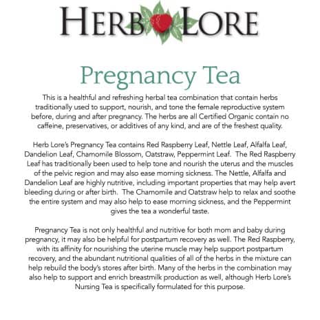 OC Pregnancy Tea LL Detailed product description of Herb Lore Pregnancy Tea with traditional herbal benefits and usage notes