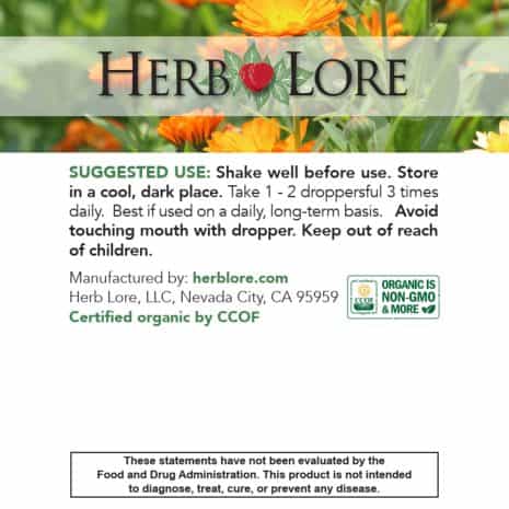 6 Suggested use label with dosing instructions for Pregnancy Tea Tincture, manufacturer information, and certified organic badge over a calendula flower background.