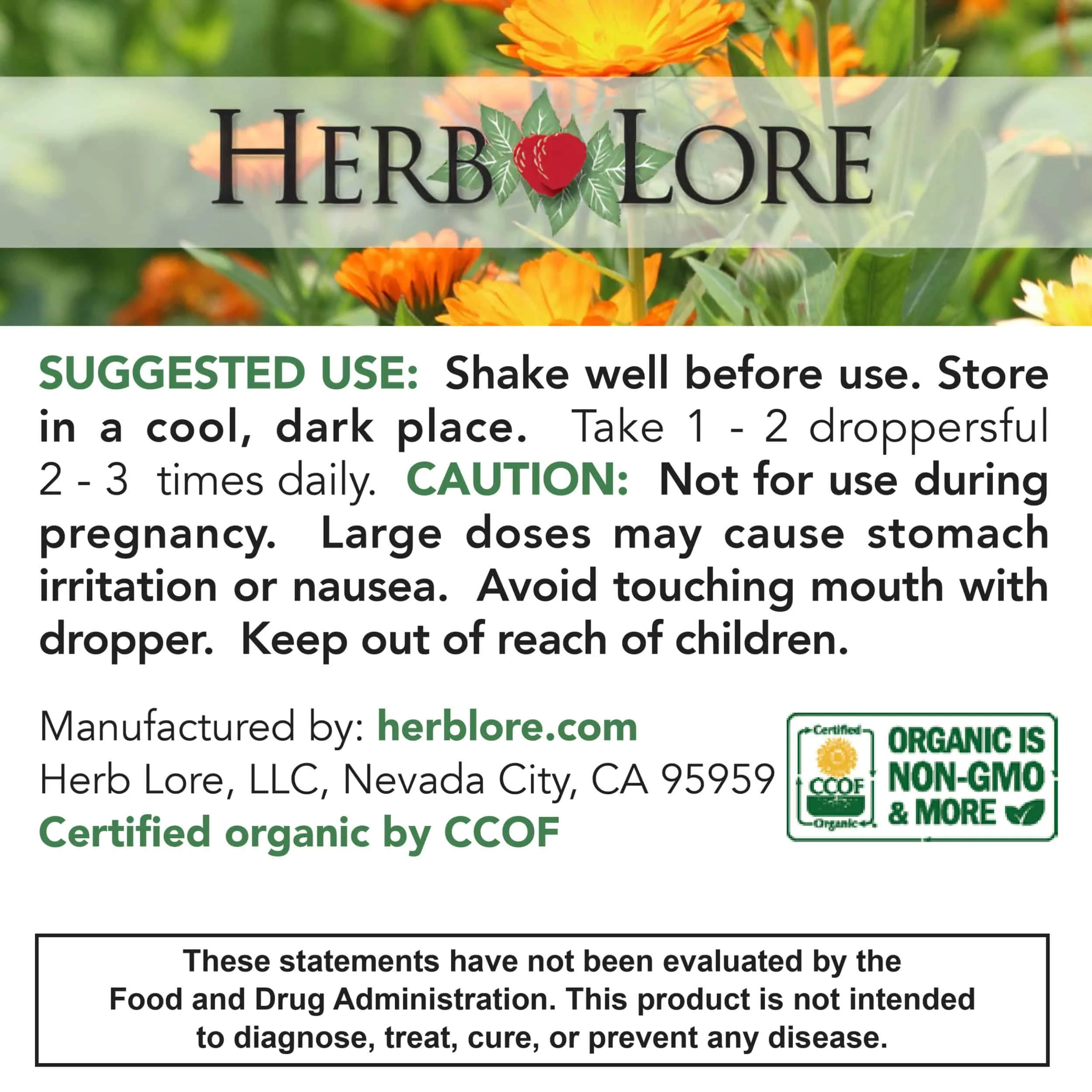 Suggested use and caution label for Herb Lore Blessed Thistle, stating not for use during pregnancy