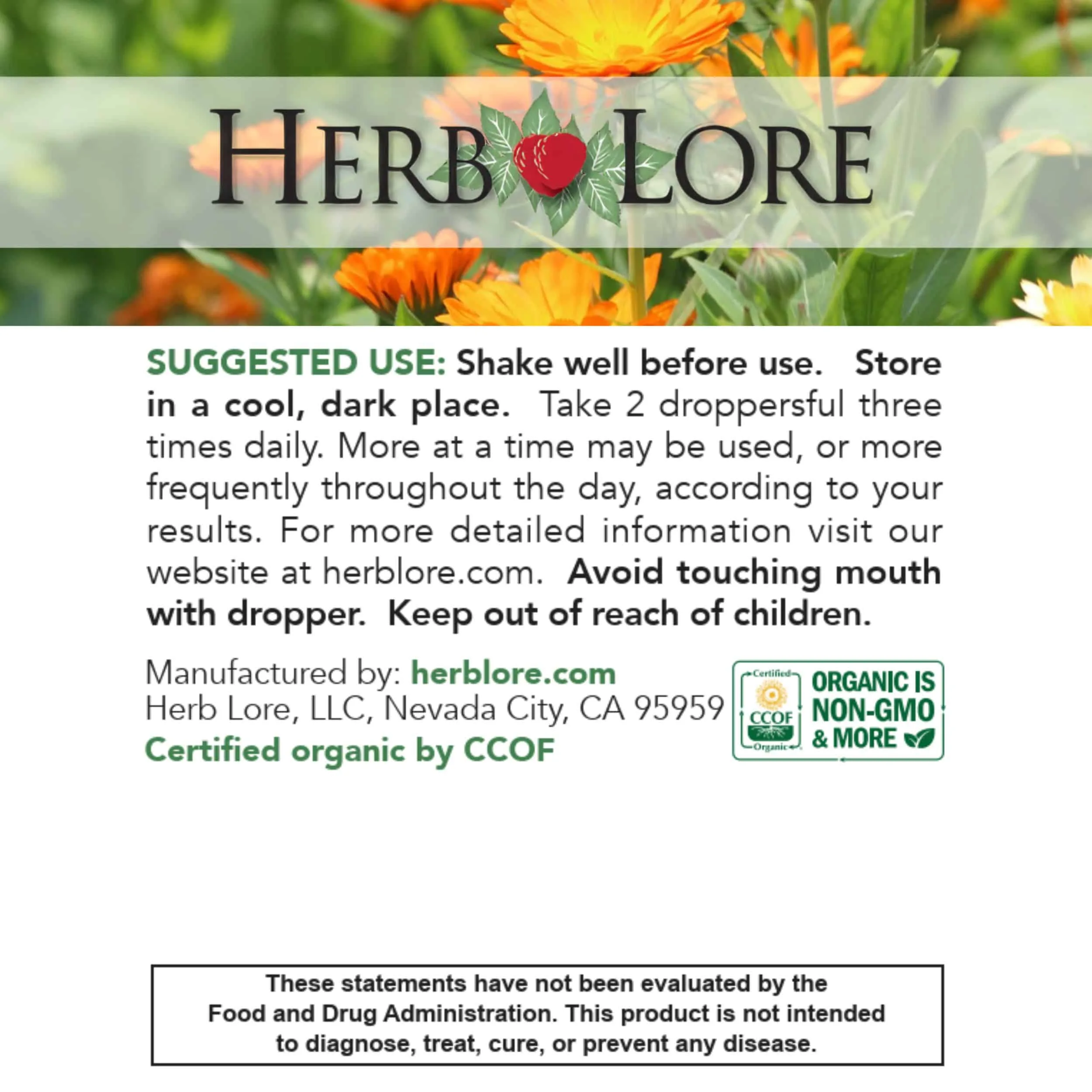 Suggested use panel for Herb Lore Organic Moringa Tincture with dosage and safety information