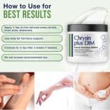Instructions on how to use Chrysin Plus DIM, with photos showing application to inner arms and abdomen. Includes tips to apply ¼ tsp daily to thin-skinned areas and not exceed the recommended amount.