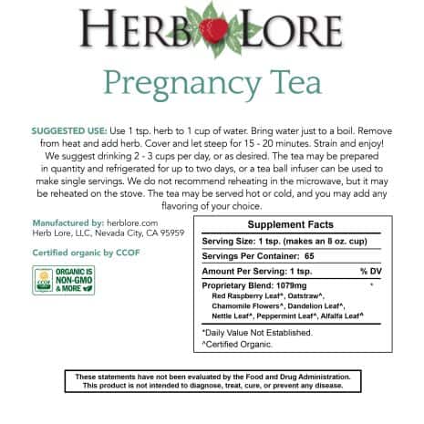 OC Pregnancy Tea LL Suggested use and supplement facts label for Herb Lore Pregnancy Tea with certified organic ingredients