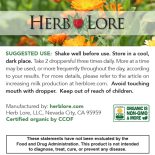 Suggested use panel for Herb Lore Goat’s Rue Tincture with herbal safety notes and manufacturer information