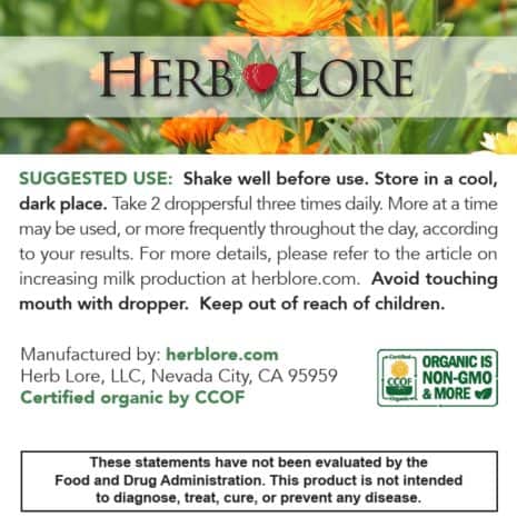 7 Suggested use panel for Herb Lore Goat’s Rue Tincture with herbal safety notes and manufacturer information