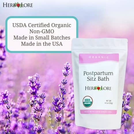 7 Herb Lore Postpartum Sitz Bath bag in lavender field with USDA Organic, Non-GMO, and Made in USA callouts