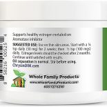 Chrysin Plus DIM cream jar showing suggested use instructions, including dosage guidance and contact information for Whole Family Products.