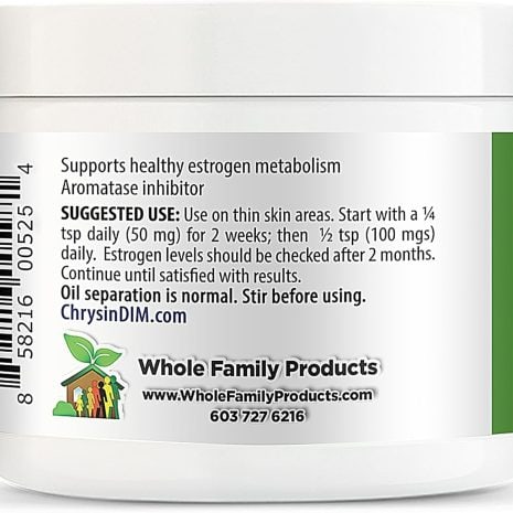 71QFMpOWElL._AC_SL1500 Chrysin Plus DIM cream jar showing suggested use instructions, including dosage guidance and contact information for Whole Family Products.