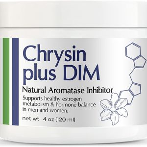 Front view of Chrysin Plus DIM cream jar with product name, natural aromatase inhibitor label, and claim of supporting healthy estrogen metabolism and hormone balance in men and women.