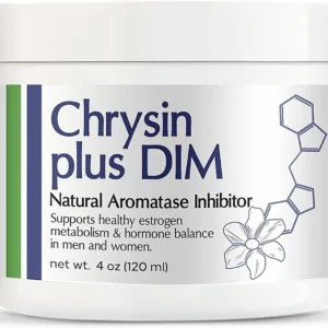 Front view of Chrysin Plus DIM cream jar with product name, natural aromatase inhibitor label, and claim of supporting healthy estrogen metabolism and hormone balance in men and women.