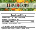 Supplement Facts panel for Goat’s Rue Tincture showing 96mg of organic Goat’s Rue herb per serving in a glycerin base