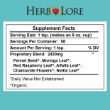 Supplement Facts panel for Nursing Tea listing a 2430mg proprietary organic blend of fennel seed, moringa, red raspberry leaf, alfalfa, chamomile, and nettle.