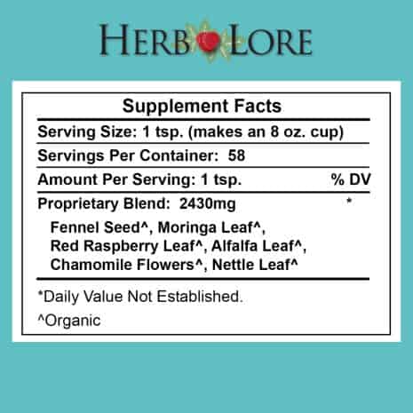 Nursing Tea LL Amazon Product Images - 8 Supplement Facts panel for Nursing Tea listing a 2430mg proprietary organic blend of fennel seed, moringa, red raspberry leaf, alfalfa, chamomile, and nettle.