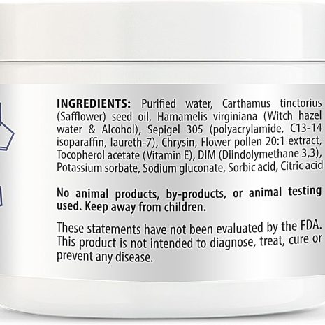 81 kMKZaH5L._AC_SL1500 hrysin Plus DIM jar label listing all ingredients including safflower oil, chrysin, DIM, witch hazel, and flower pollen extract, along with safety warnings and a disclaimer about FDA evaluation.