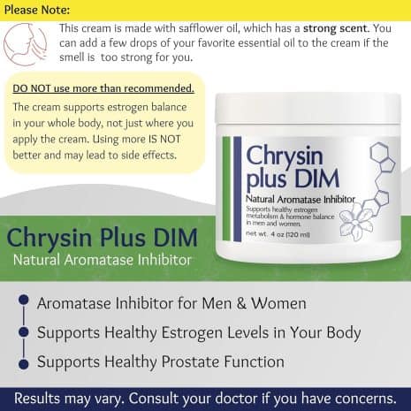 81HGzXyK4GL._AC_SL1500 Notice explaining the strong scent of safflower oil in Chrysin Plus DIM and recommendation to add essential oils if needed. Warns not to exceed the recommended amount as it may lead to side effects.