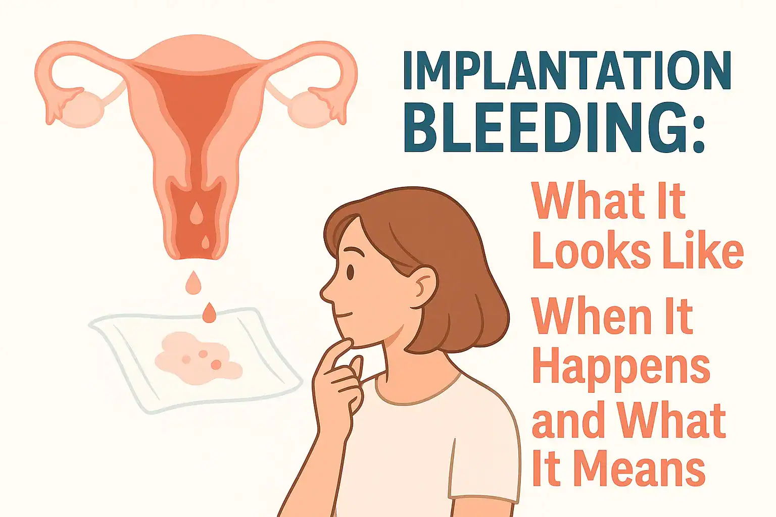 Illustrated educational graphic showing a uterus diagram with light spotting, a thoughtful woman observing, and bold teal and peach text reading “Implantation Bleeding: What It Looks Like, When It Happens, and What It Means.”