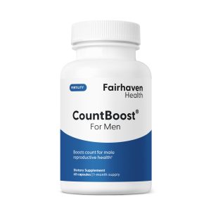 Front view of CountBoost for Men supplement bottle showing product name and label details about male reproductive health support