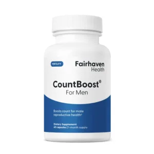 Front view of CountBoost for Men supplement bottle showing product name and label details about male reproductive health support