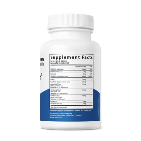 FH.COUNTBOOST-US.REV02_2.25x6_150cc_FINAL01_2.25x6_150cc_RIGHT Side view of CountBoost for Men bottle showing Supplement Facts including vitamins, antioxidants, herbal extracts, and manufacturer information