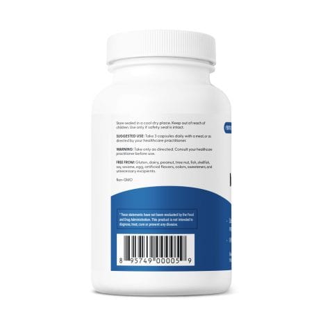 FH.FERTILAIDMEN-US.REV03_2.5x6.75_225cc_LEFT Side view of FertilAid for Men bottle showing usage instructions, allergen info, and product disclaimer noting non-GMO and free-from formulation