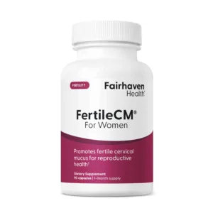 Front view of FertileCM supplement bottle for women by Fairhaven Health, highlighting support for fertile cervical mucus.