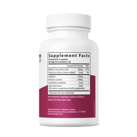 FH.FERTILECM.REV05_2.25x6_150cc_RIGHT Right side of FertileCM supplement bottle with detailed supplement facts including ingredient list and amounts