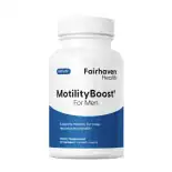 Straight-on product shot of the front of MotilityBoost for Men bottle showing supplement name, usage details, and branding in blue and white