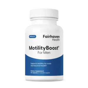 Straight-on product shot of the front of MotilityBoost for Men bottle showing supplement name, usage details, and branding in blue and white