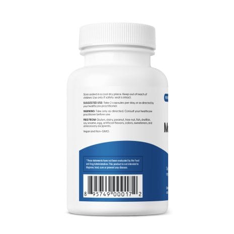 FH.MOTILITYBOOST-US.REV03_2.25x6_150cc_LEFT Left side of the MotilityBoost bottle showing suggested use, allergen-free list, and storage instructions